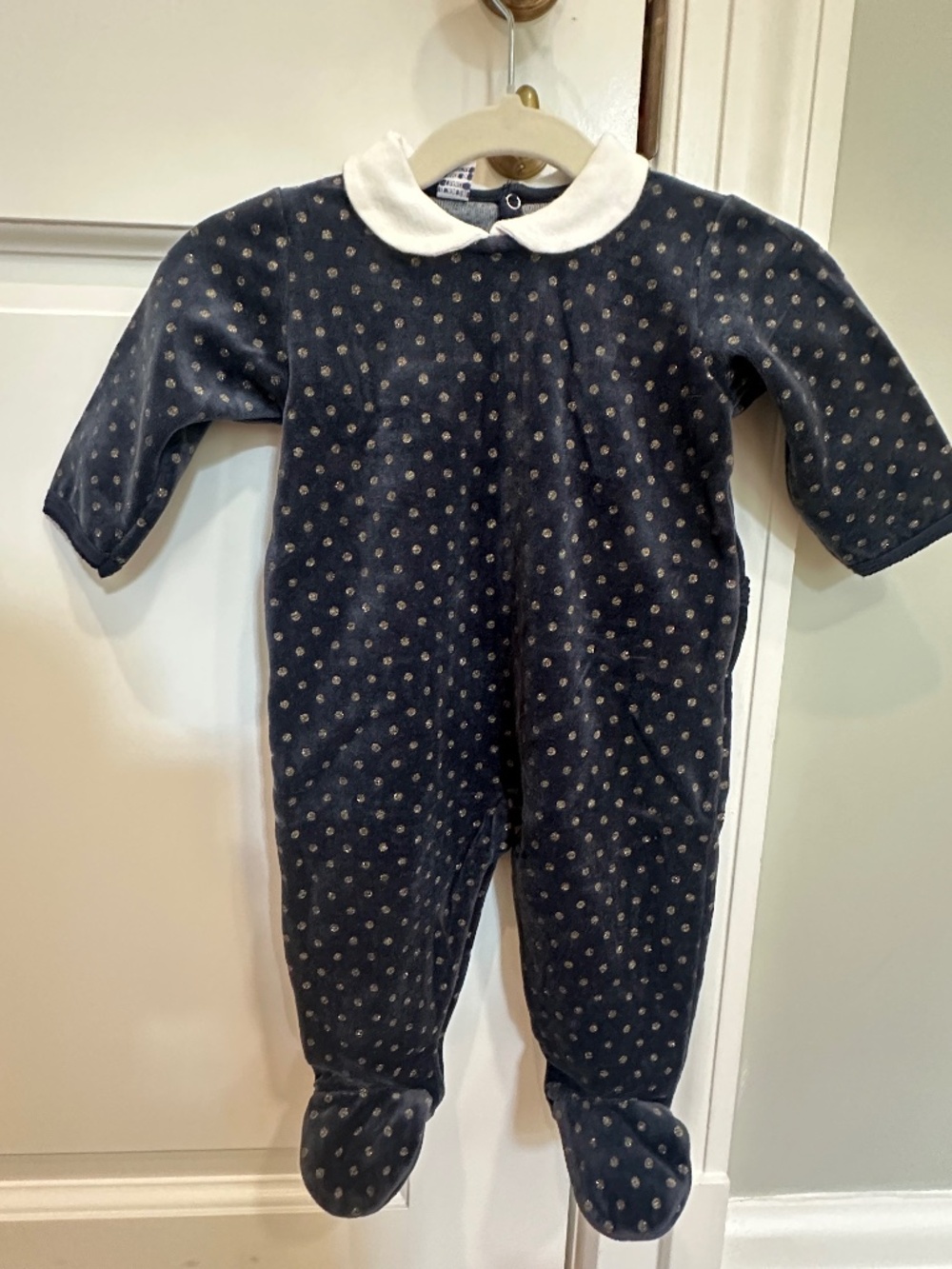 Petit Bateau Navy Velour Gold Dot Collar Footie 6M 67cm